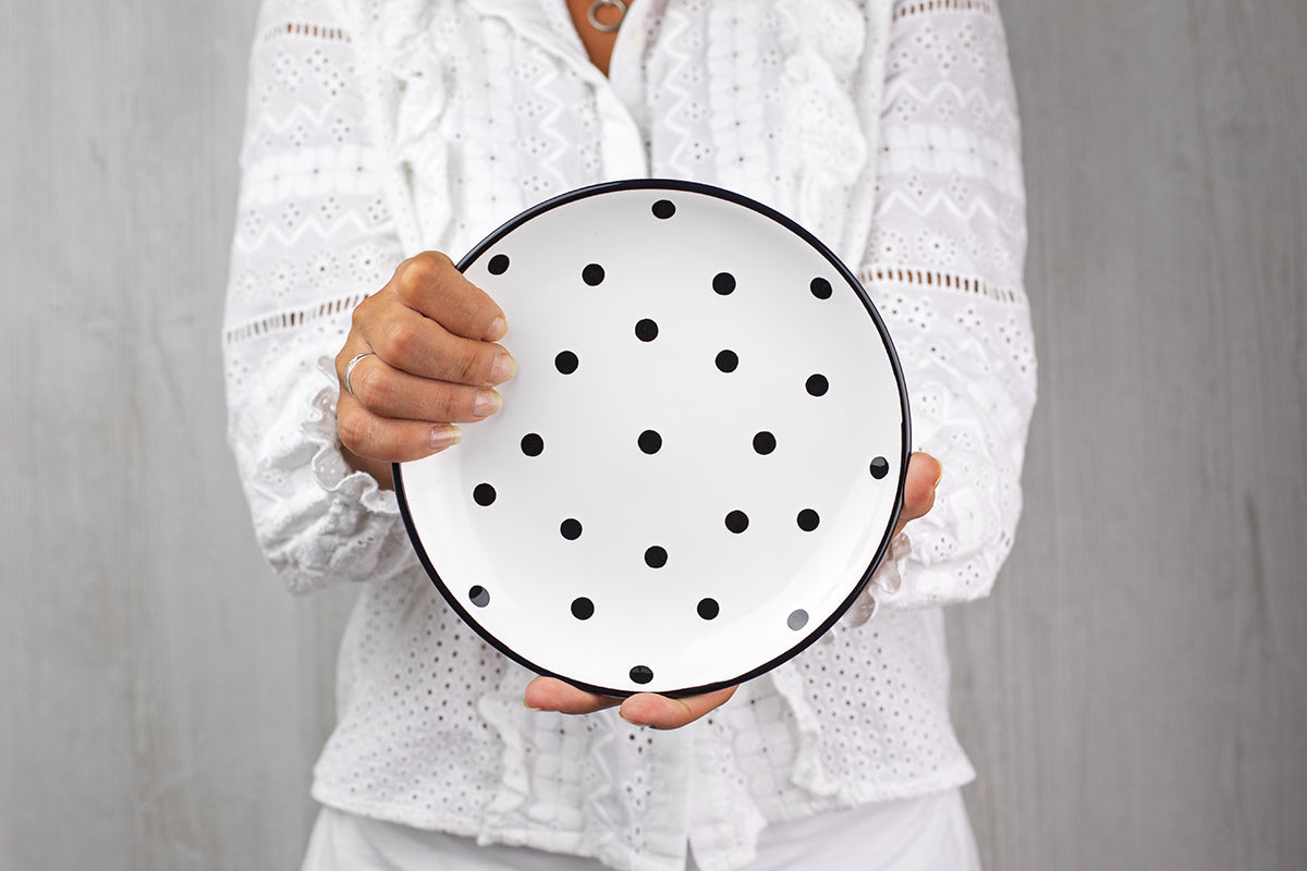 White And Black Polka Dot Spotty Handmade Hand Painted Glazed Ceramic Side Dessert Plate