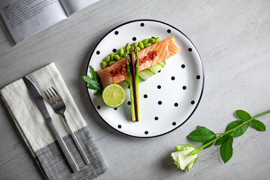White And Black Polka Dot Spotty Handmade Hand Painted Glazed Ceramic Flat Dinner Plate