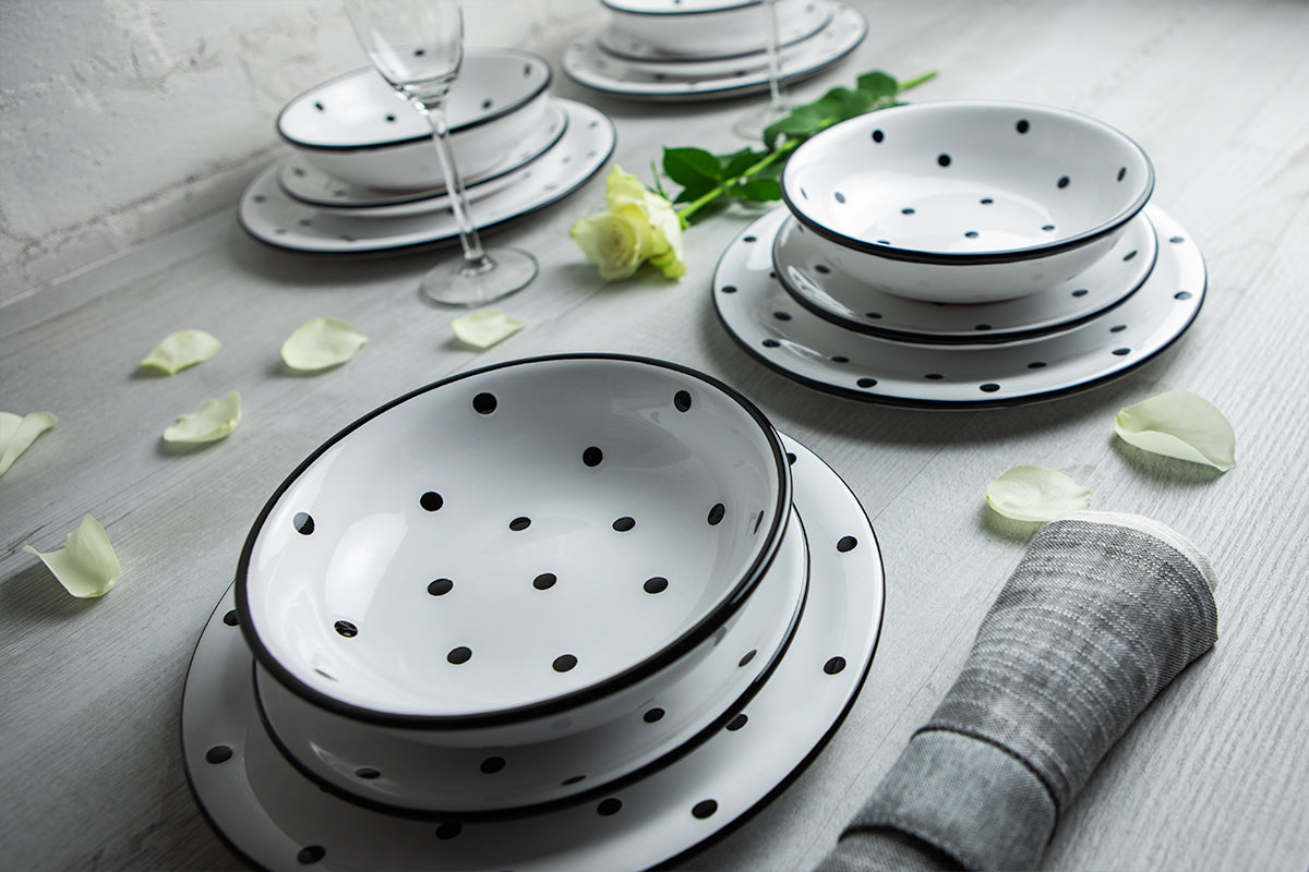 White and Black Polka Dot Spotty Handmade Hand Painted Ceramic 12 piece Dinnerware Service for 4