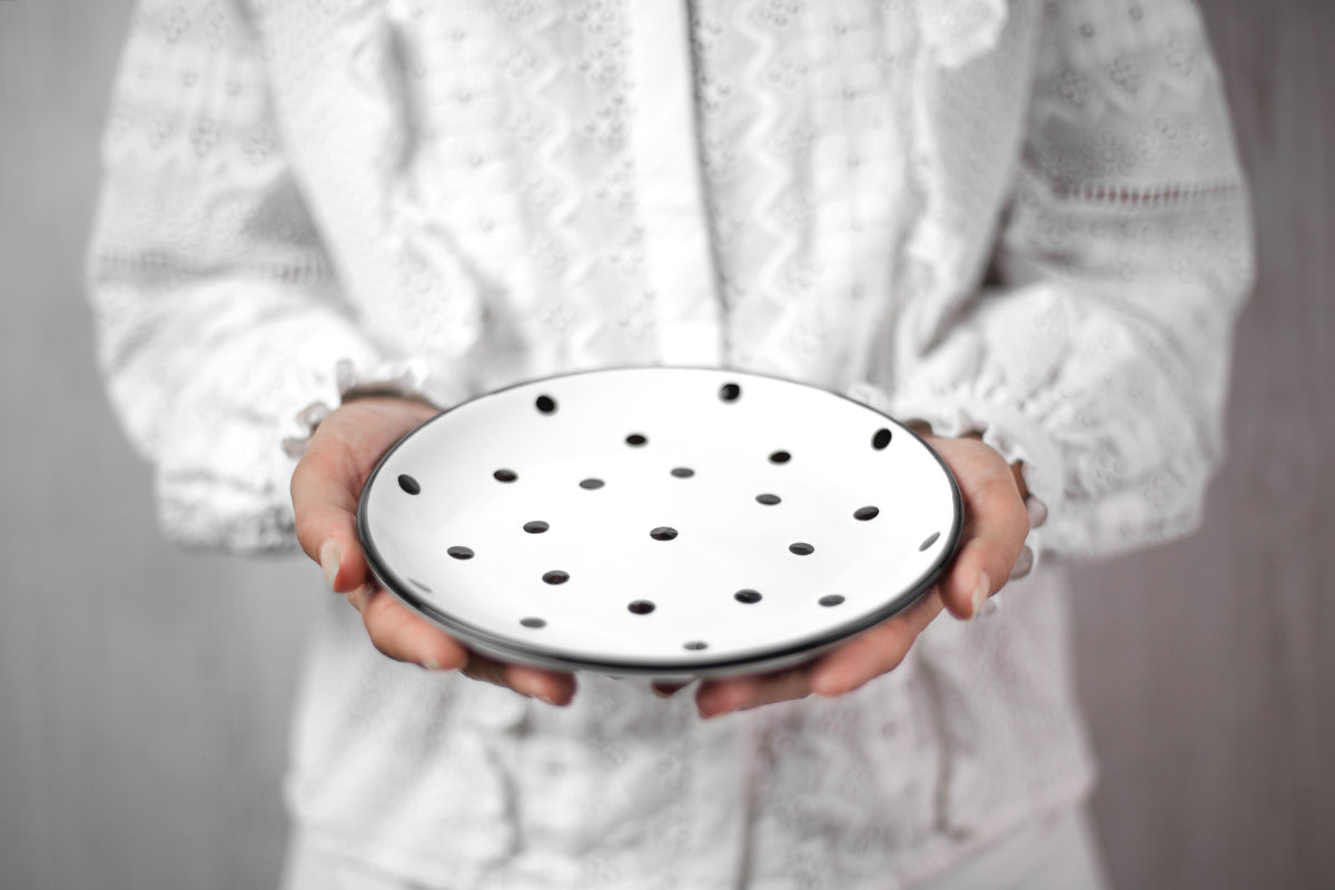 White and Black Polka Dot Spotty Handmade Hand Painted Ceramic 12 piece Dinnerware Service for 4