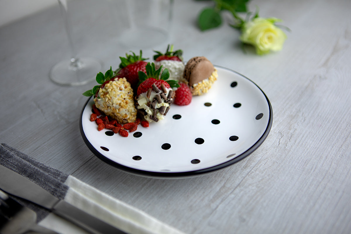 White and Black Polka Dot Spotty Handmade Hand Painted Ceramic 12 piece Dinnerware Service for 4