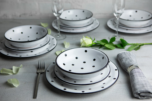 White and Black Polka Dot Spotty Handmade Hand Painted Ceramic 12 piece Dinnerware Service for 4