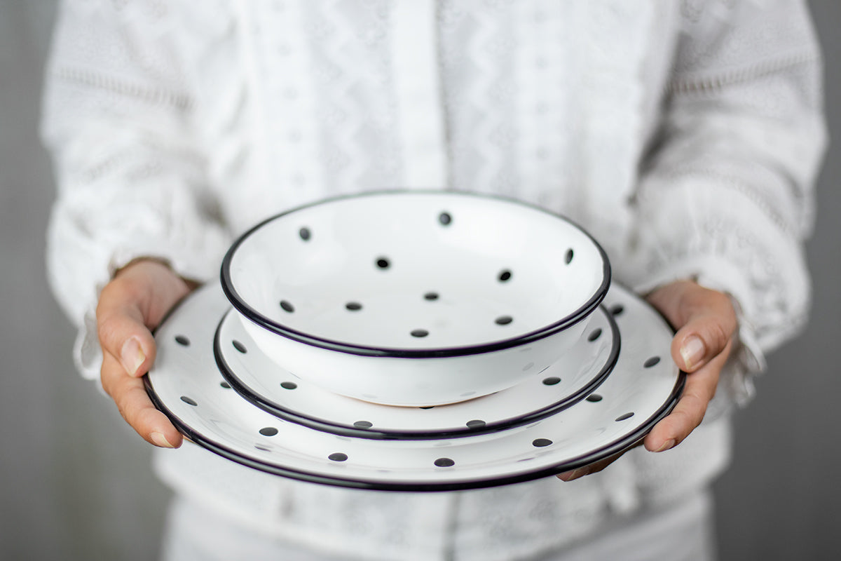 White and Black Polka Dot Spotty Handmade Hand Painted Ceramic 12 piece Dinnerware Service for 4