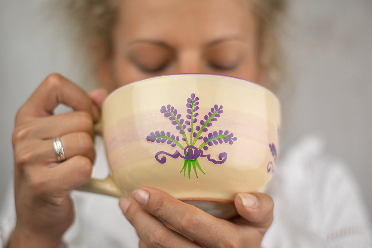 Lavender Pattern Purple And Cream Handmade Hand Painted Ceramic Extra Large 17.5oz-500ml Cappuccino Coffee Tea Soup Mug Cup