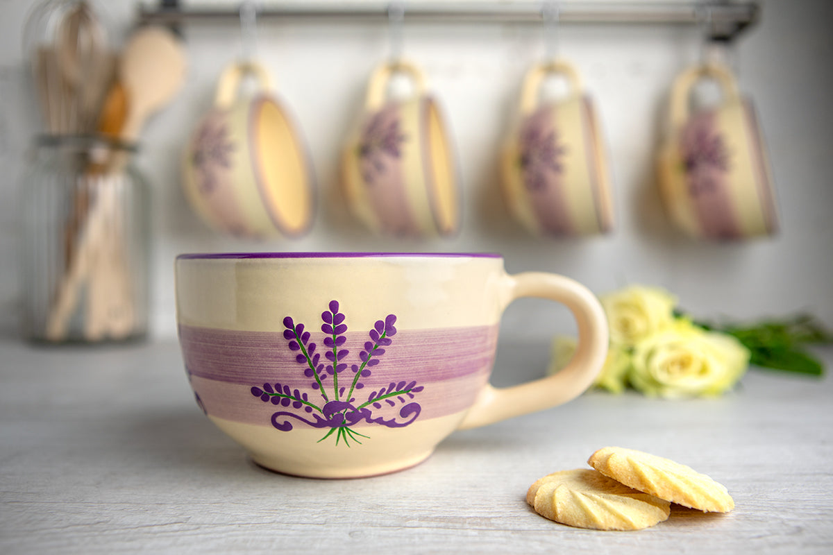 Lavender Pattern Purple And Cream Handmade Hand Painted Ceramic Extra Large 17.5oz-500ml Cappuccino Coffee Tea Soup Mug Cup