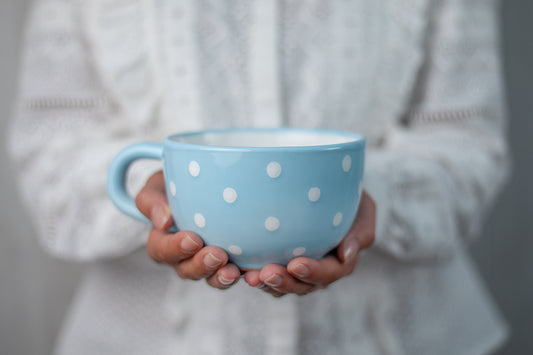 Light Sky Blue And White Polka Dot Spotty Handmade Hand Painted Ceramic Extra Large 17.5oz-500ml Cappuccino Coffee Tea Soup Mug Cup