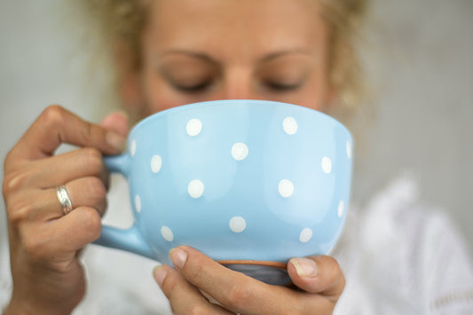 Light Sky Blue And White Polka Dot Spotty Handmade Hand Painted Ceramic Extra Large 17.5oz-500ml Cappuccino Coffee Tea Soup Mug Cup