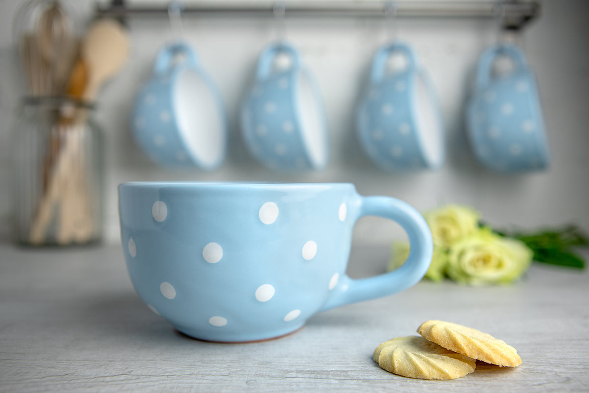 Light Sky Blue And White Polka Dot Spotty Handmade Hand Painted Ceramic Extra Large 17.5oz-500ml Cappuccino Coffee Tea Soup Mug Cup