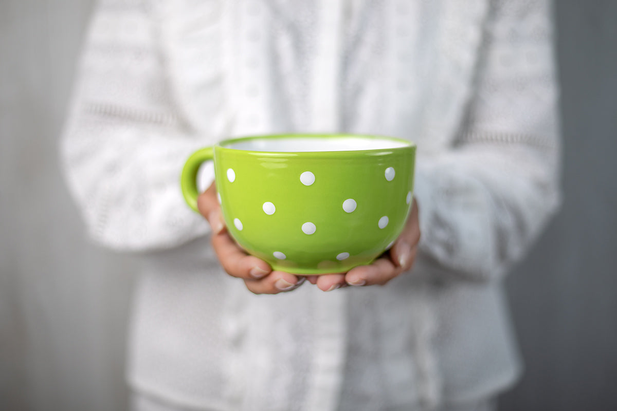 Lime Green and White Polka Dot Spotty Handmade Hand Painted Ceramic Extra Large 17.5oz-500ml Cappuccino Coffee Tea Soup Mug Cup
