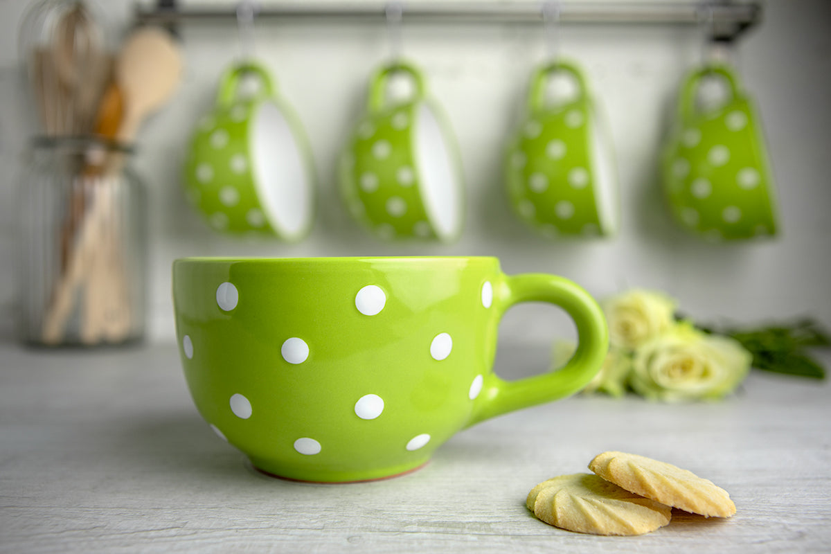 Lime Green and White Polka Dot Spotty Handmade Hand Painted Ceramic Extra Large 17.5oz-500ml Cappuccino Coffee Tea Soup Mug Cup
