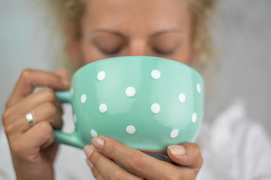 Teal Blue And White Polka Dot Spotty Handmade Hand Painted Ceramic Extra Large 17.5oz-500ml Cappuccino Coffee Tea Soup Mug Cup