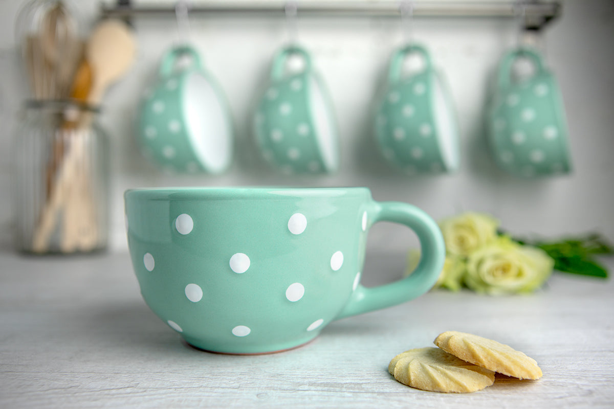 Teal Blue And White Polka Dot Spotty Handmade Hand Painted Ceramic Extra Large 17.5oz-500ml Cappuccino Coffee Tea Soup Mug Cup