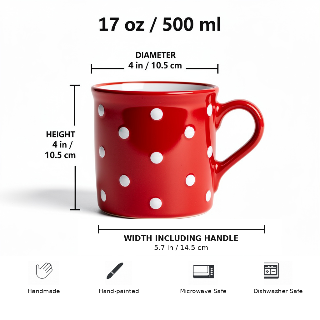 Red And White Polka Dot Spotty Handmade Hand Painted Ceramic Extra Large 17.5oz-500ml Hot Chocolate Coffee Tea Mug