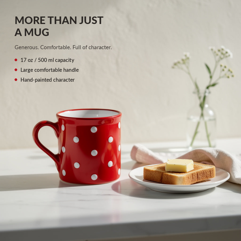 Red And White Polka Dot Spotty Handmade Hand Painted Ceramic Extra Large 17.5oz-500ml Hot Chocolate Coffee Tea Mug