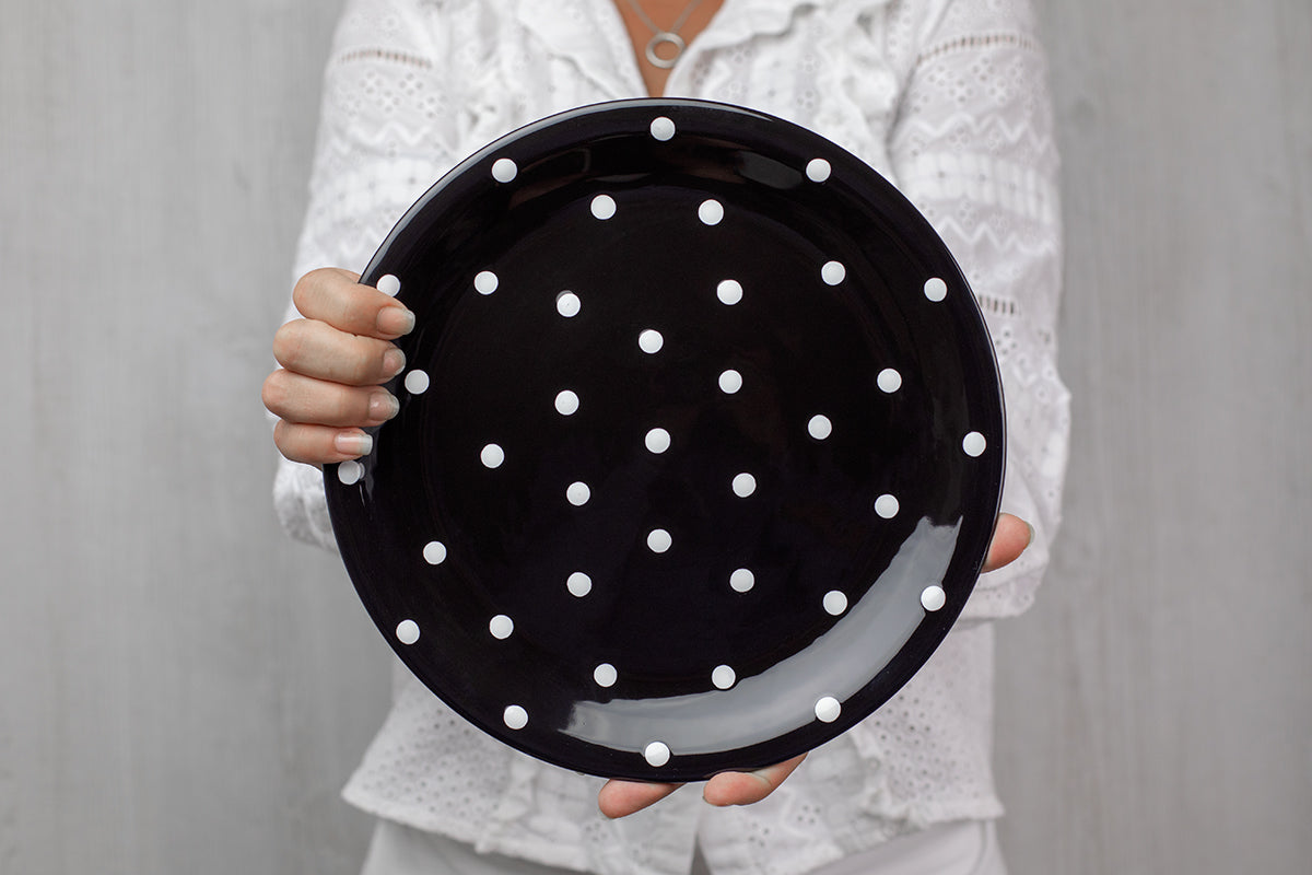 Black And White Polka Dot Spotty Handmade Hand Painted Glazed Ceramic Flat Dinner Plate