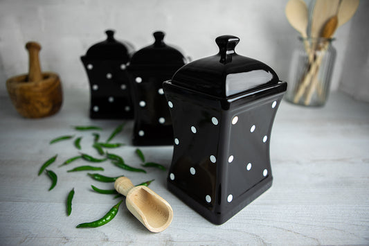 Black and White Polka Dot Pottery Handmade Hand Painted Large Ceramic Kitchen Storage Jar Set Canister Set - Same Size Jars
