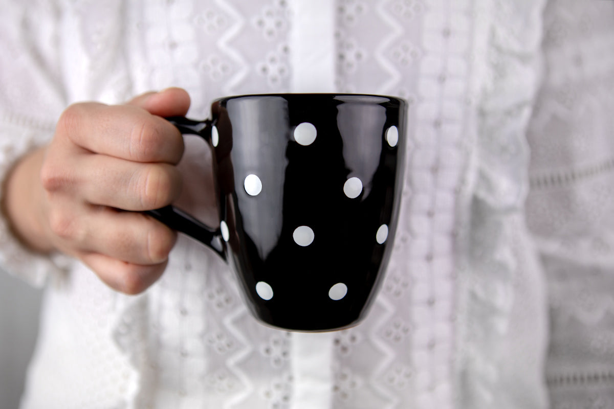 Black And White Polka Dot Spotty Designer Handmade Hand Painted Unique Ceramic 10oz-300ml Coffee Tea Mug with Large Handle