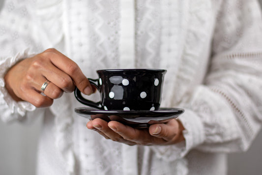 Black And White Polka Dot Spotty Designer Handmade Hand Painted Ceramic 9oz-250ml Cappuccino Coffee Tea Cup with Saucer