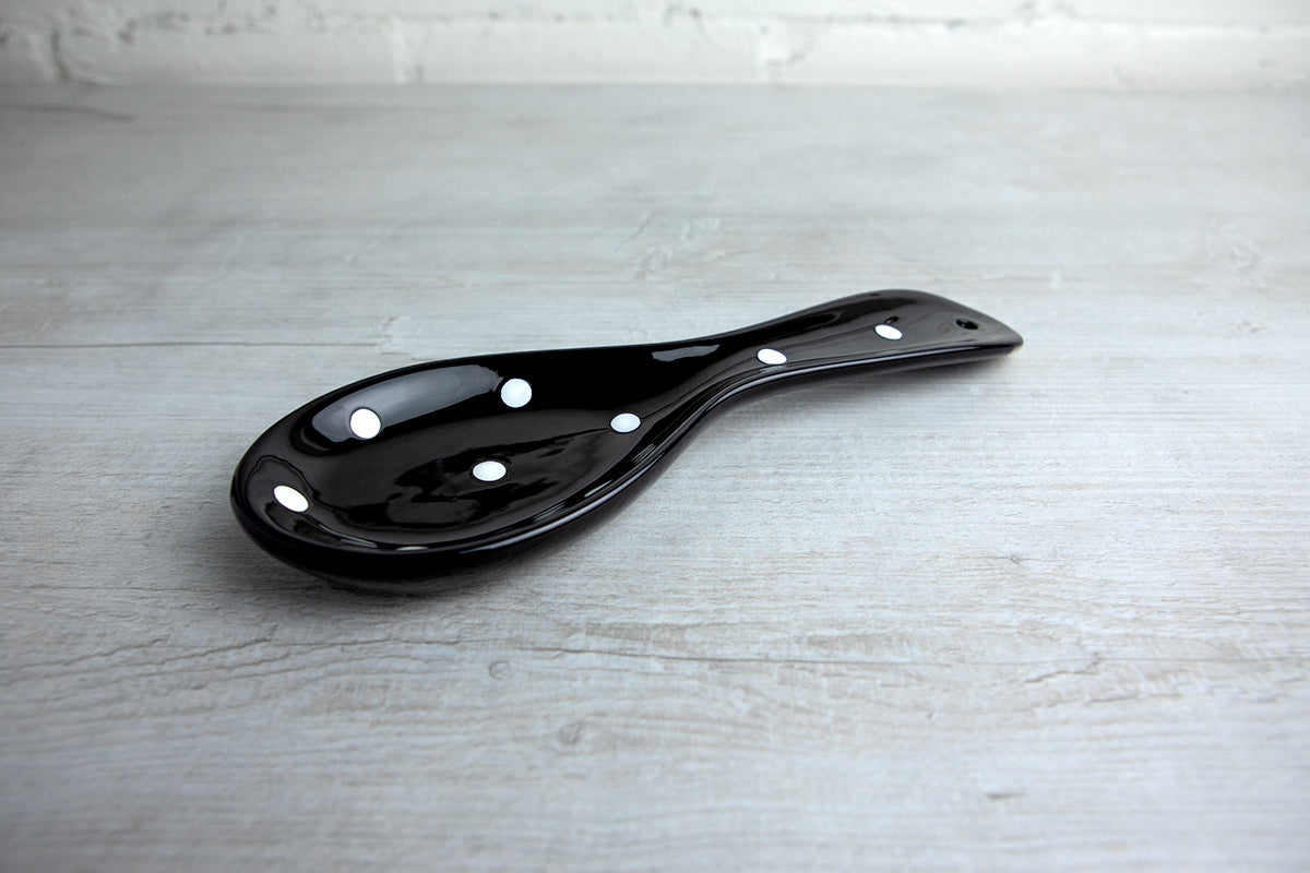 Black And White Polka Dot Spotty Handmade Hand Painted Ceramic Kitchen Cooking Spoon Rest