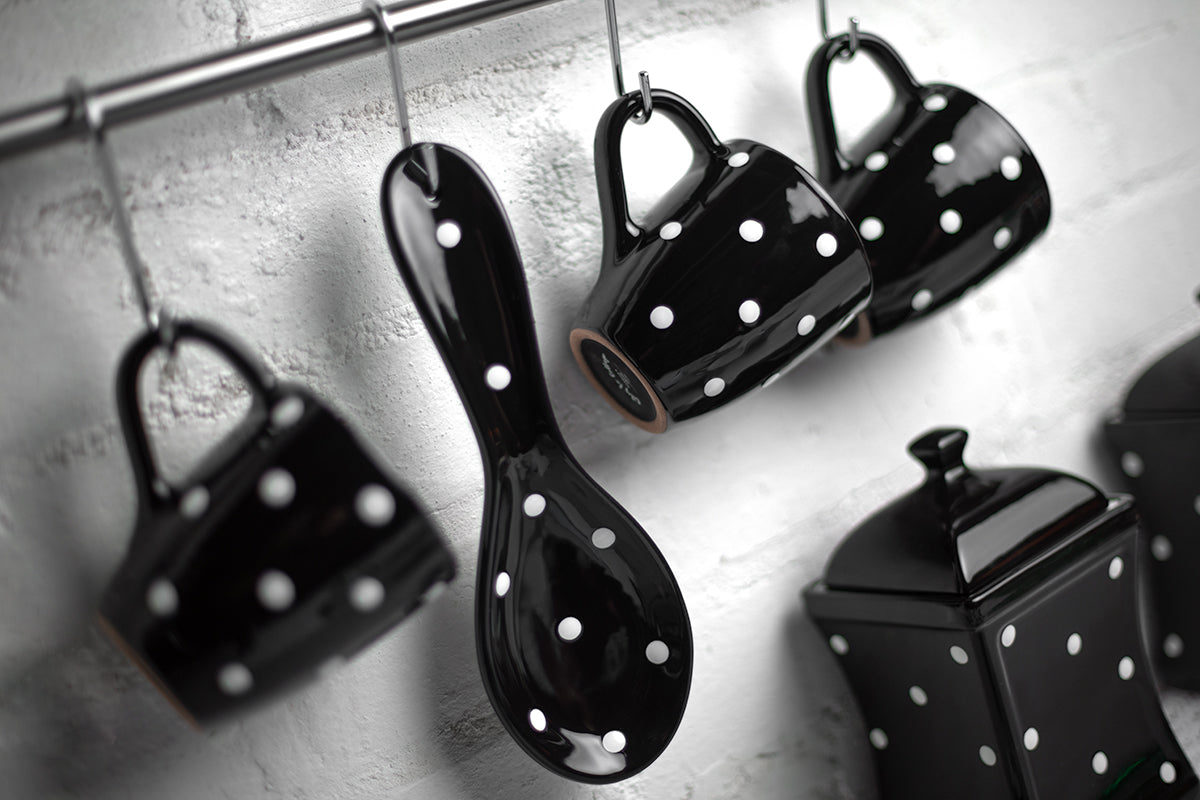 Black And White Polka Dot Spotty Handmade Hand Painted Ceramic Kitchen Cooking Spoon Rest