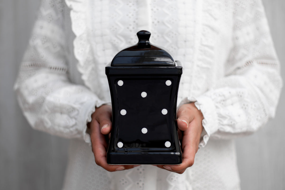 Black And White Polka Dot Spotty Handmade Hand Painted Ceramic Kitchen Serving Storage Set of 10