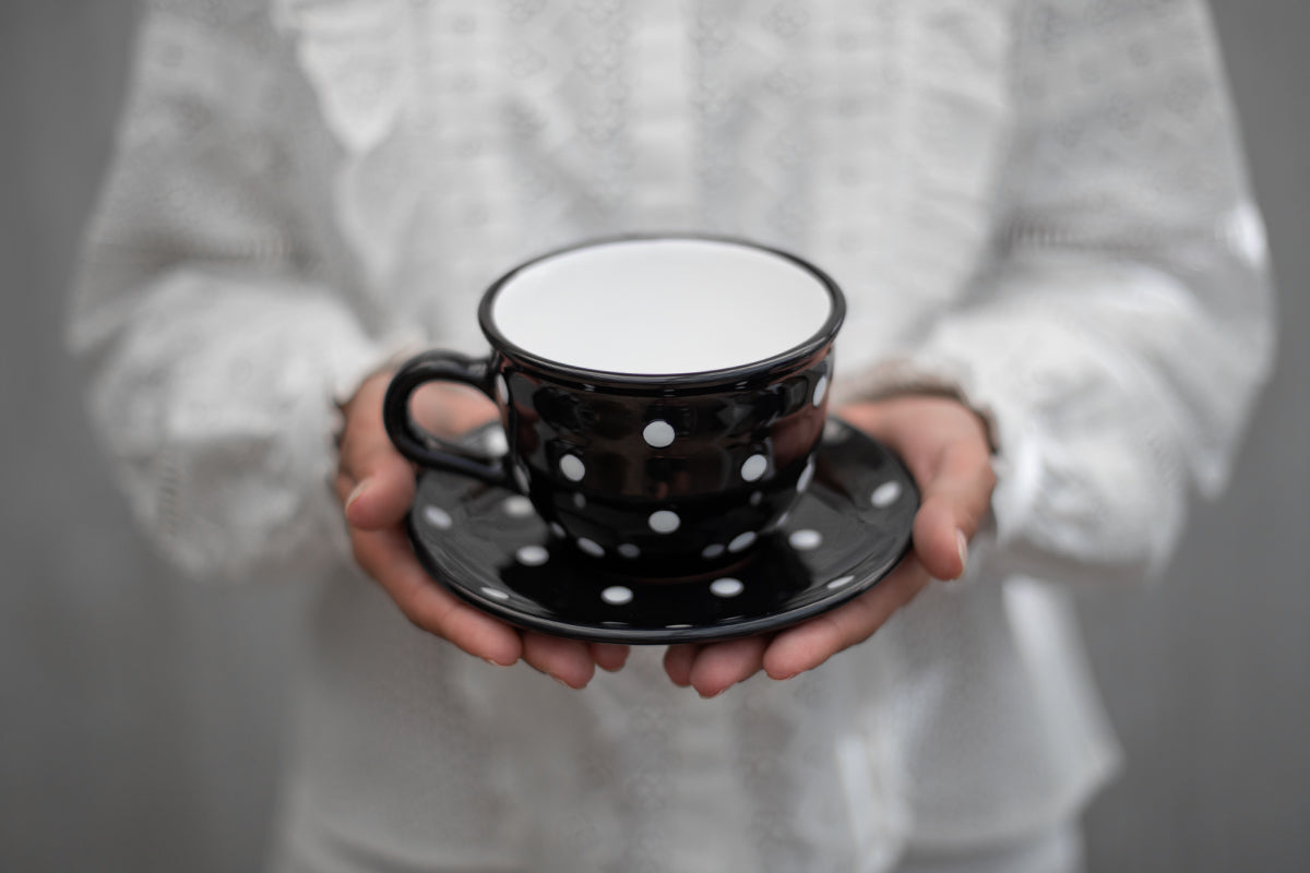 Black And White Polka Dot Spotty Handmade Hand Painted Large Unique Ceramic 12oz-350ml Cappuccino Coffee Tea Cup with Saucer