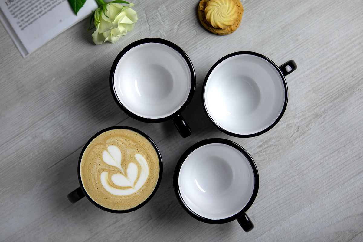 Black And White Polka Dot Spotty Handmade Hand Painted Large Unique Ceramic 12oz-350ml Cappuccino Coffee Tea Cup with Saucer