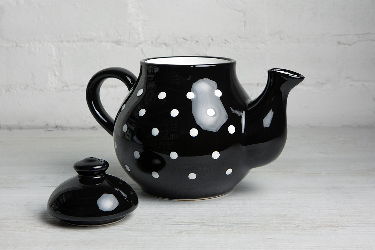 Black And White Polka Dot Spotty Large Handmade Hand Painted Ceramic Teapot with Handle 60 oz / 1.7 l