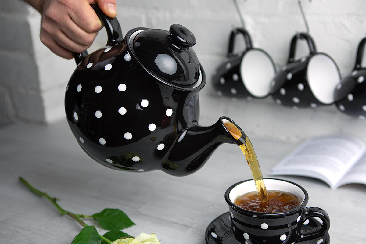 Black And White Polka Dot Spotty Large Handmade Hand Painted Ceramic Teapot with Handle 60 oz / 1.7 l