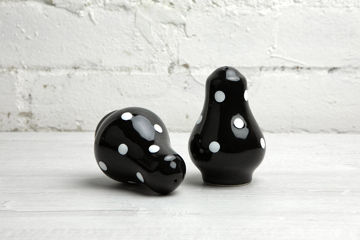 Black And White Polka Dot Spotty Handmade Hand Painted Ceramic Salt and Pepper Shaker Pot