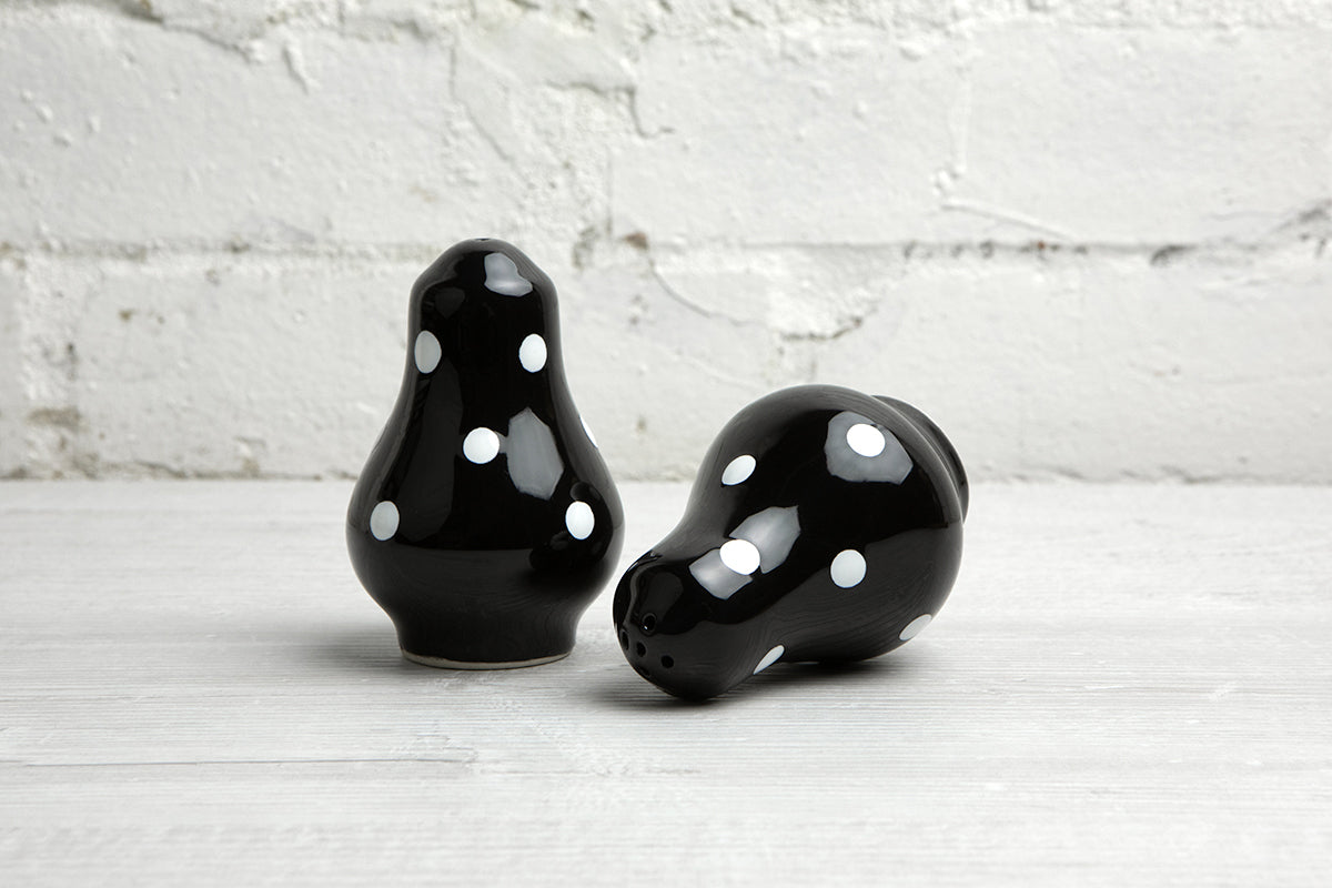 Black And White Polka Dot Spotty Handmade Hand Painted Ceramic Salt and Pepper Shaker Pot