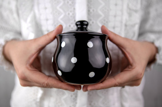 Black And White Polka Dot Spotty Handmade Hand Painted Ceramic Sugar Bowl With Lid