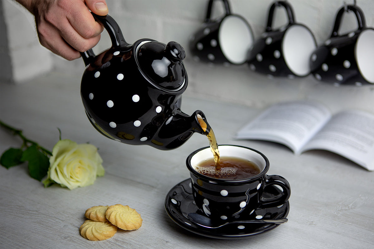 Black and White Polka Dot Pottery Handmade Hand Painted Ceramic Teapot Milk Jug Sugar Bowl Set With Two Cups and Saucers