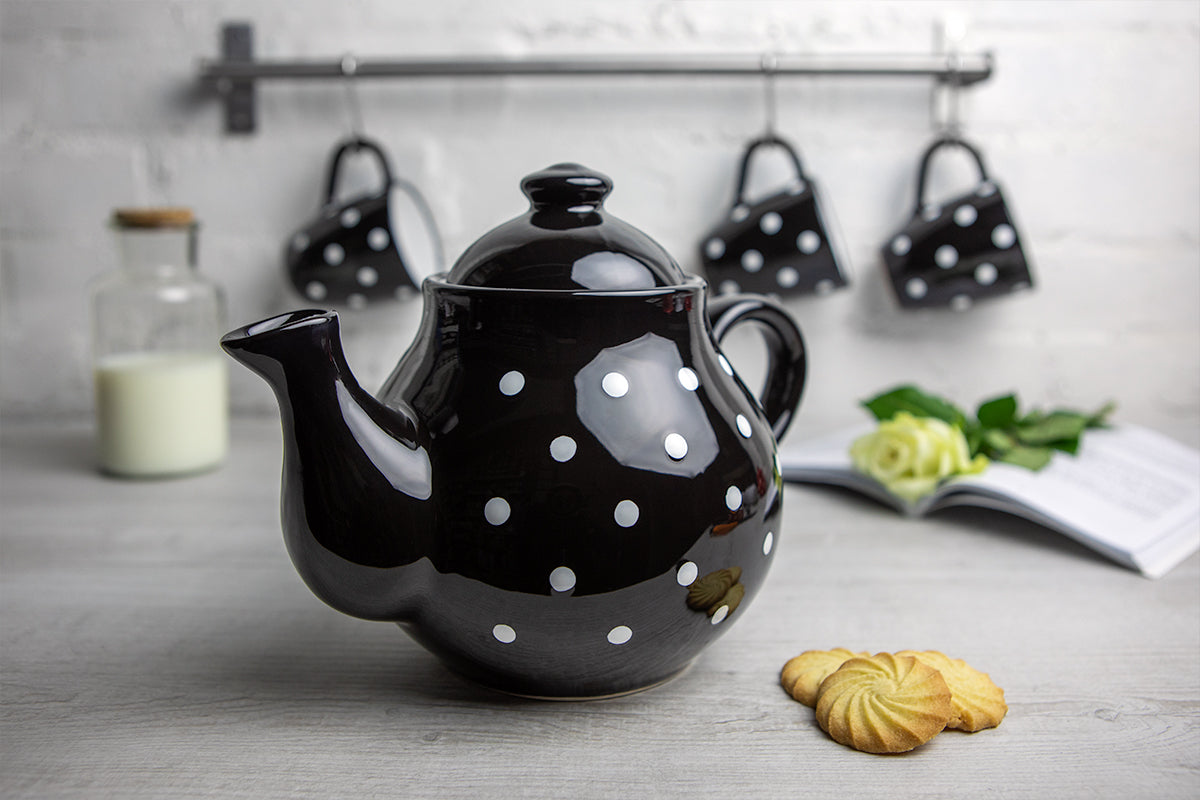 Black And White Polka Dot Spotty Handmade Hand Painted Ceramic Large Teapot Milk Jug Sugar Bowl Set With 4 Cups and Saucers