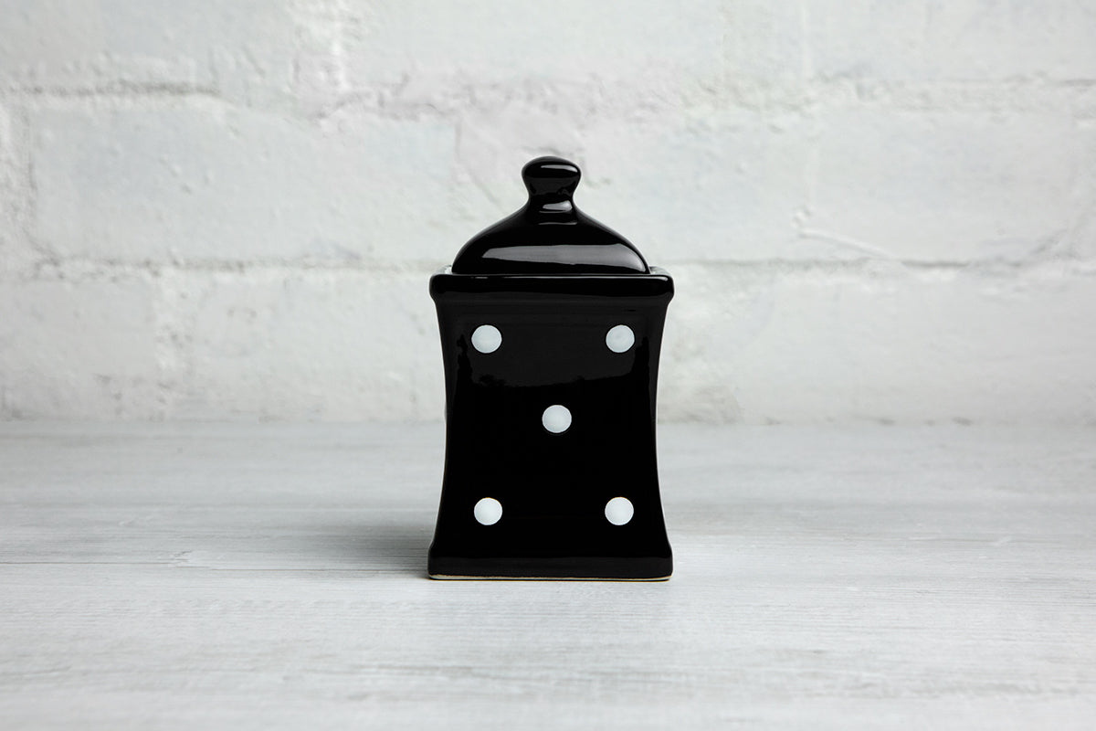 Black And White Polka Dot Spotty Handmade Hand Painted Small Ceramic Kitchen Herb Spice Storage Jar with Lid
