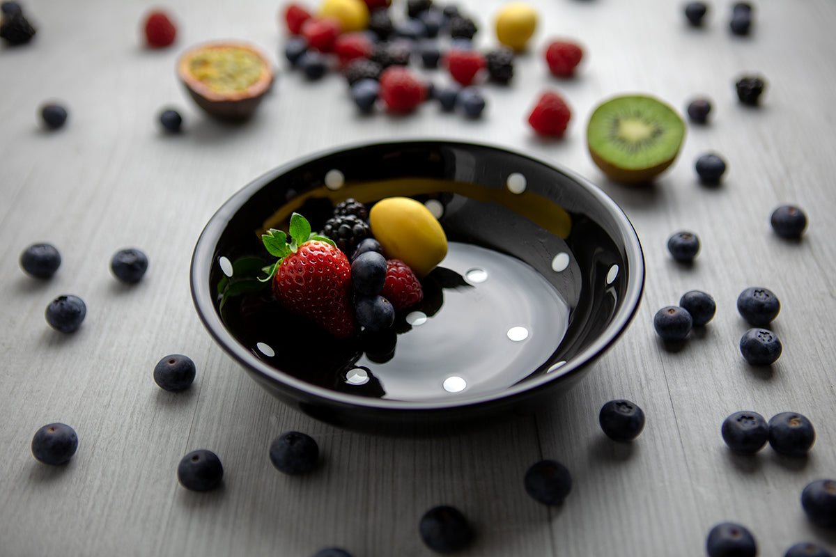 Black and White Polka Dot Spotty Handmade Hand Painted Ceramic 12 piece Dinnerware Service for 4
