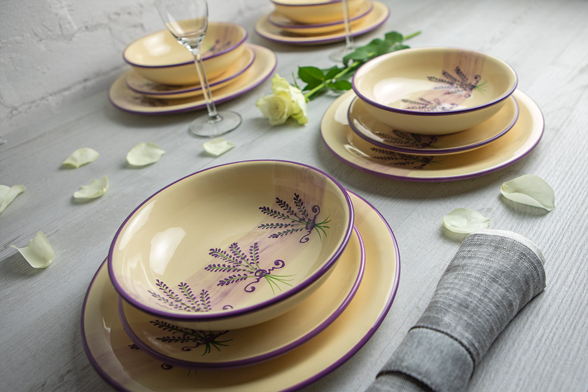Lavender Pattern Purple and Cream Handmade Hand Painted Ceramic 12 piece Dinnerware Service for 4