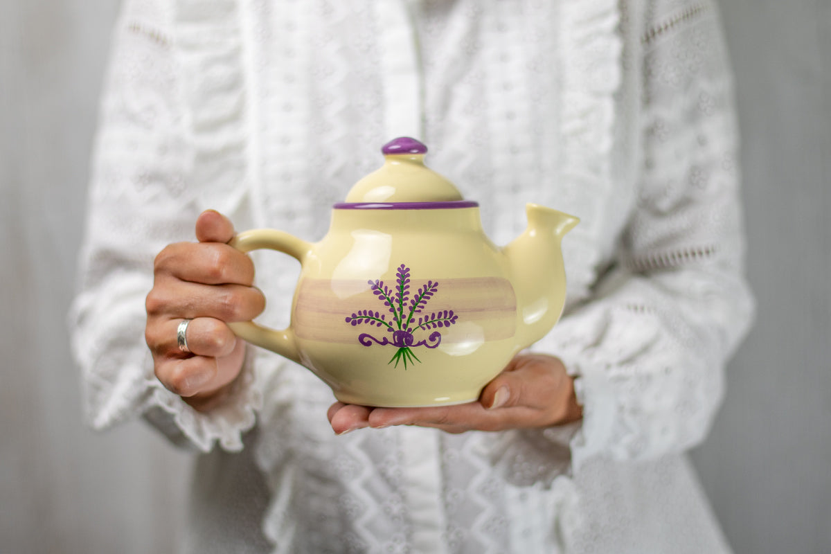 Lavender Floral Purple And Cream Pottery Handmade Hand Painted Ceramic Teapot Milk Jug Sugar Bowl Set