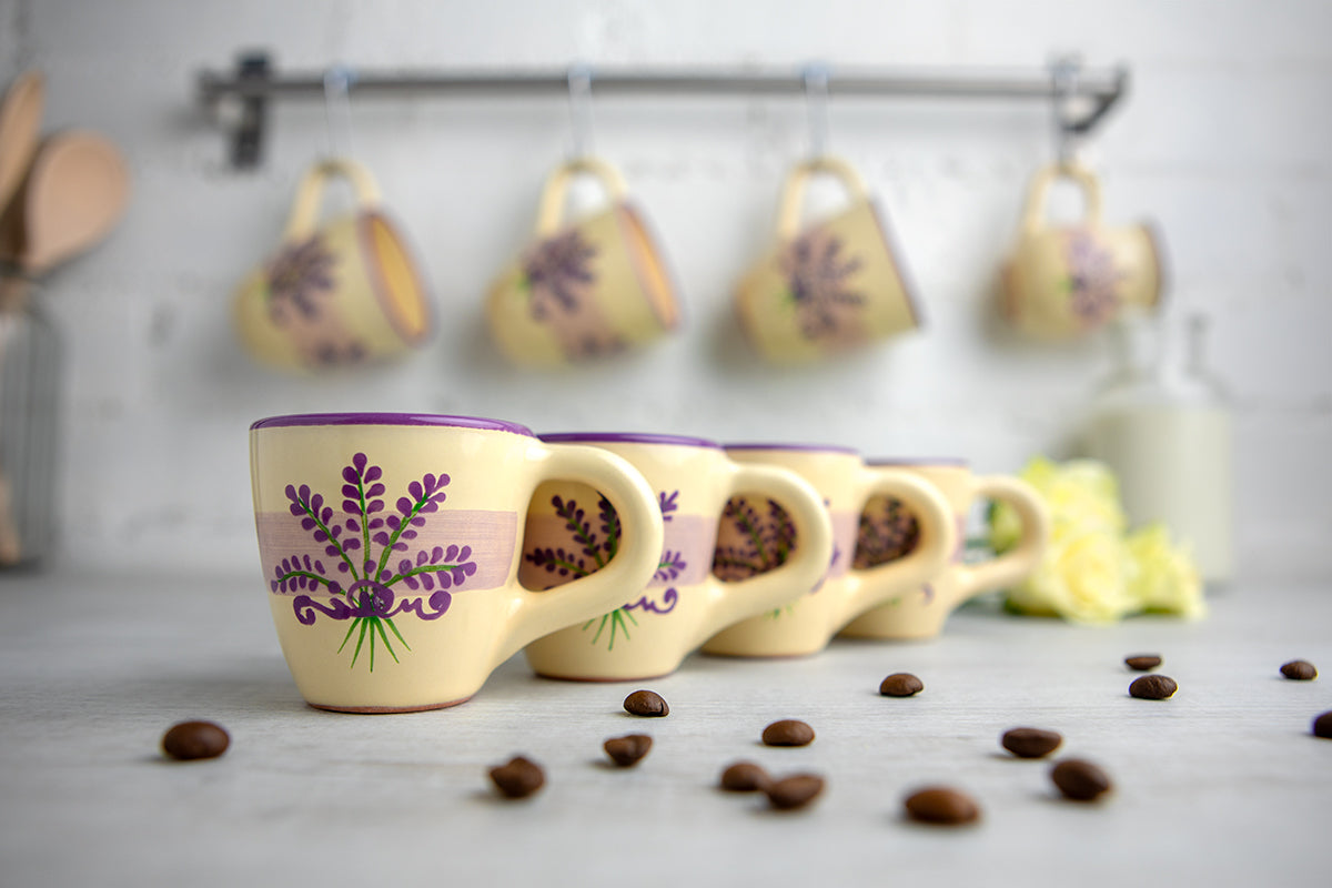 Lavender Pattern Purple And Cream Designer Handmade Hand Painted Unique Ceramic 2oz-60ml Espresso Coffee Cup Set of 4
