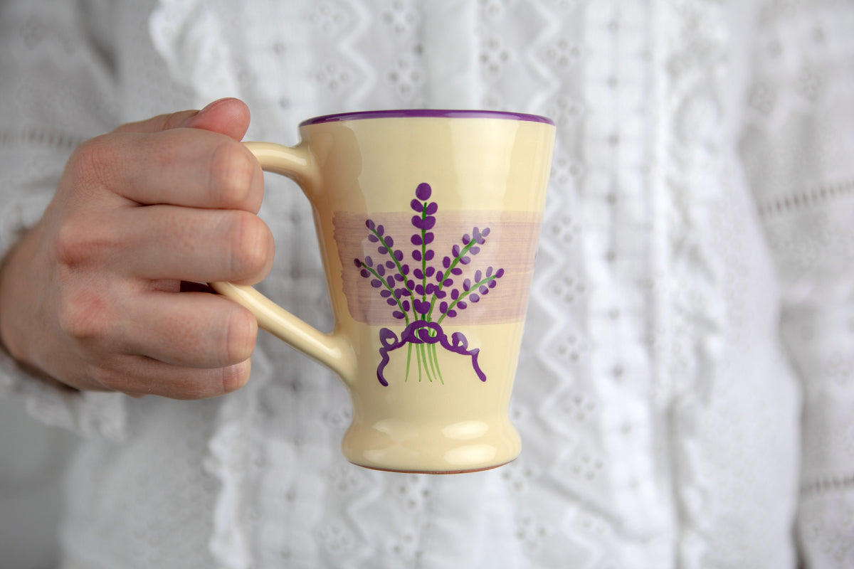 Lavender Pattern Purple And Cream Handmade Hand Painted Ceramic Coffee Tea Latte Mug with Large Handle 8 oz - 220 ml