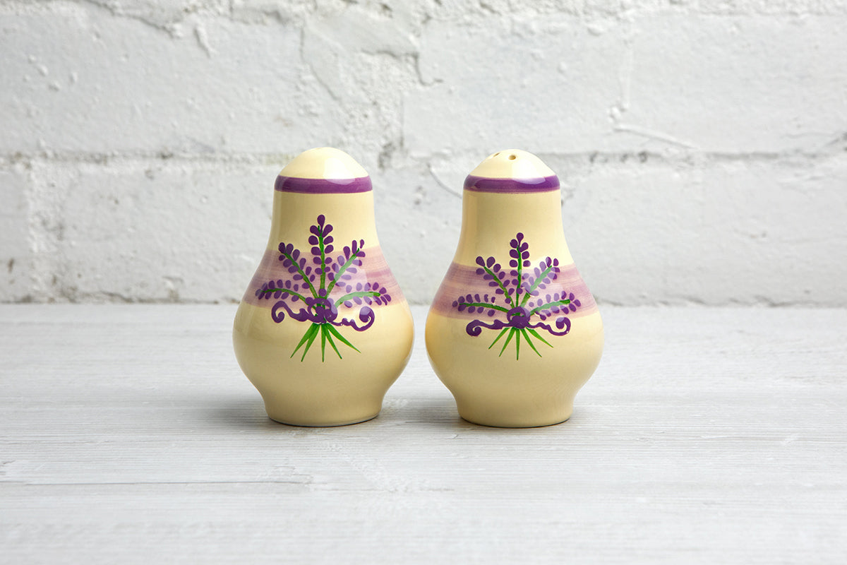 Lavender Pattern Purple And Cream Handmade Hand Painted Ceramic Salt and Pepper Shaker Pot