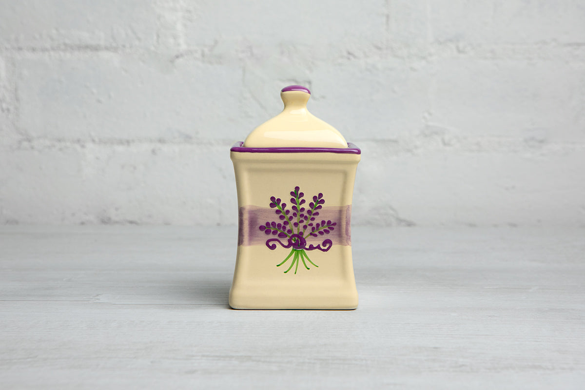 Lavender Floral Purple and Cream Pottery Handmade Hand Painted Small Ceramic Kitchen Herb Spice Jars Canister Set - Same Size Jars