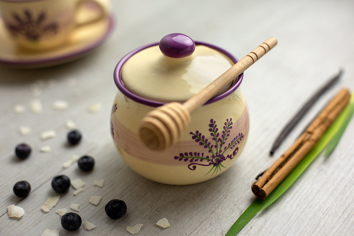 City to Cottage Ceramic Sugar Bowl with Lid, 10oz Sugar Contanier for Coffee Bar, Sugar Dispenser Bowl, Salt - Condiment Pot for Kitchen Counter, Handcrafted Cream Lavender Floral Sugar Jar