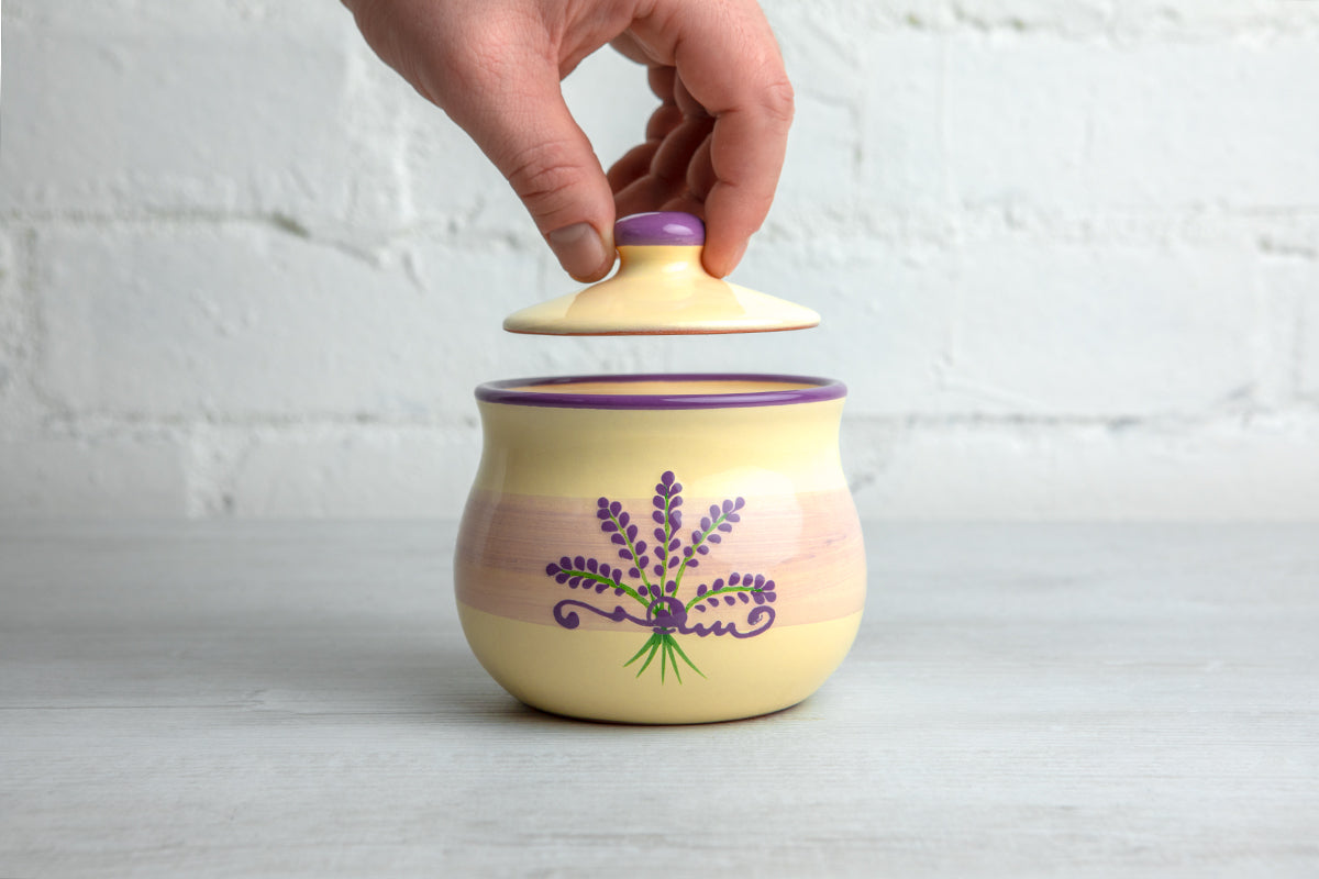 Lavender Pattern Purple And Cream Handmade Hand Painted Ceramic Sugar Bowl With Lid