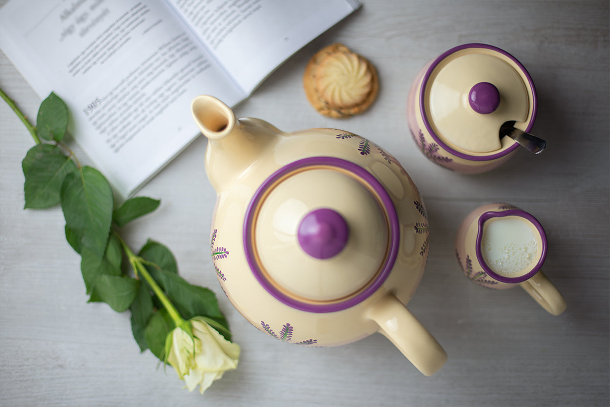 Lavender Pattern Purple And Cream Handmade Hand Painted Ceramic Large Teapot Milk Jug Sugar Bowl Set With 4 Cups and Saucers