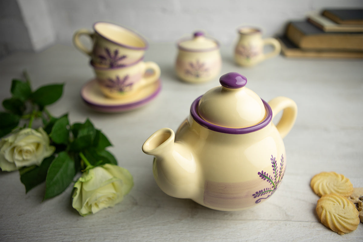 Lavender Floral Purple and Cream Pottery Handmade Hand Painted Ceramic Teapot Milk Jug Sugar Bowl Set With Two Cups and Saucers