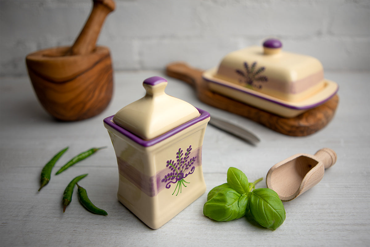 Lavender Pattern Purple And Cream Handmade Hand Painted Small Ceramic Kitchen Herb Spice Storage Jar with Lid