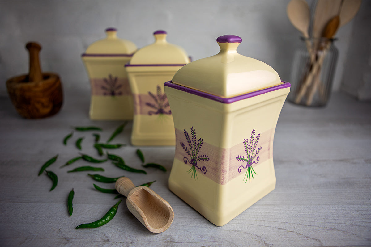 Lavender Floral Purple and White Pottery Handmade Hand Painted Large Ceramic Kitchen Storage Jar Set Canister Set - Same Size Jars