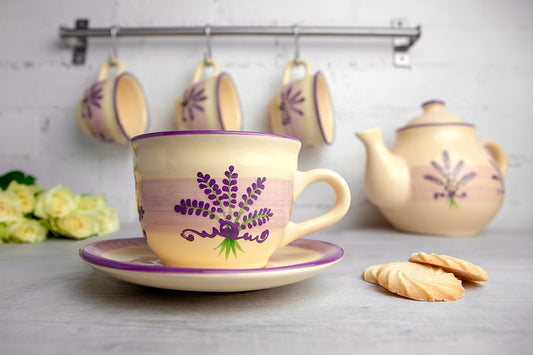 Lavender Pattern Purple And Cream Handmade Hand Painted Large Unique Ceramic 12oz-350ml Cappuccino Coffee Tea Cup with Saucer