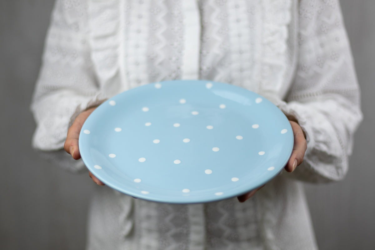 Light Sky Blue And White Polka Dot Spotty Handmade Hand Painted Glazed Ceramic Flat Dinner Plate